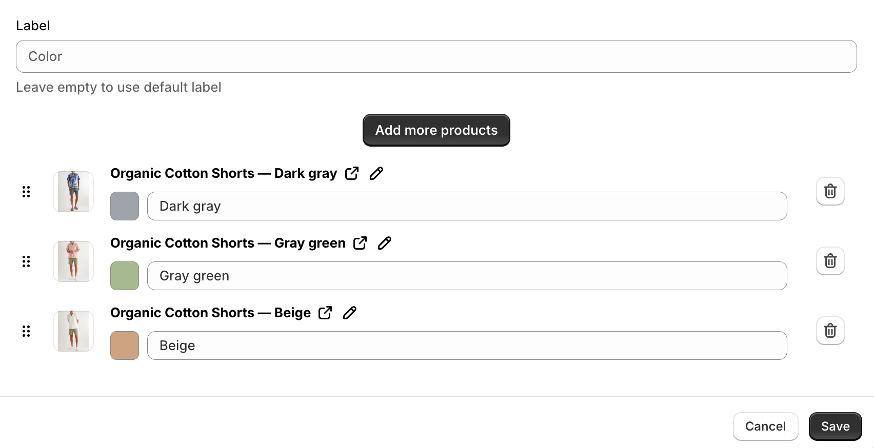Link products with Color Swatches on Shopify